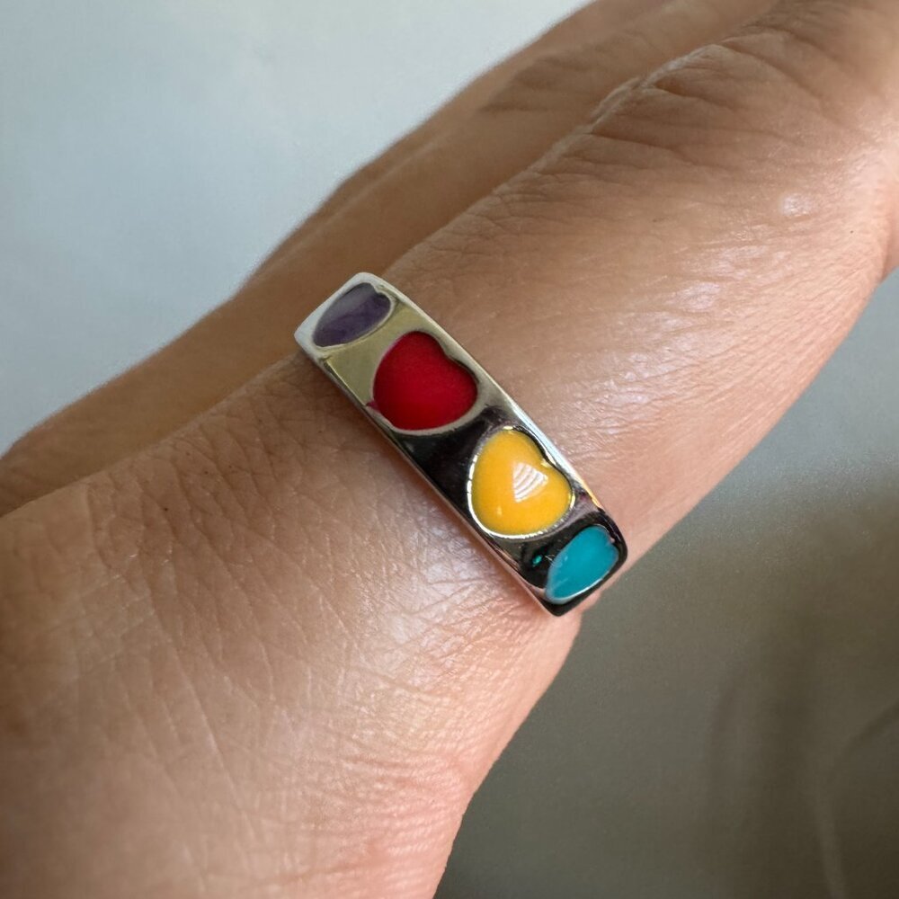 925 Sterling Silver Multicolor Heart Ring | Y2K Adjustable Enamel Band - Picture 2 of 6